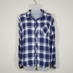 Beachlunchlounge Blue Plaid Rayon Flannel Shirt L